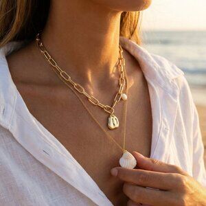 14K Gold Plated Layered Necklace Shell Pearl Pendant Boho Coastal Beach Jewelry